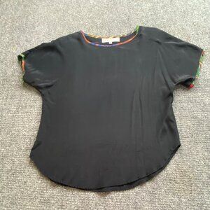 Vintage Platinum Blouse Womens S Black Multicolor Trim Minimalist Retro Office